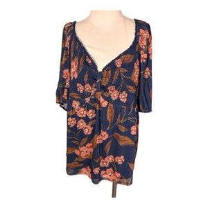 DR2 Women's Floral Navy Top, Daniel Rainn Babydoll top, size CL NEW
